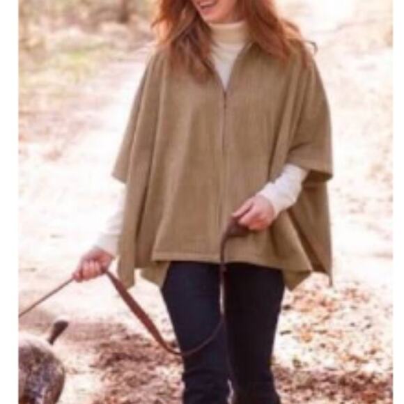 LL BEAN Navy Blue Chevron Fleece Poncho Medium - Picture 2 of 9